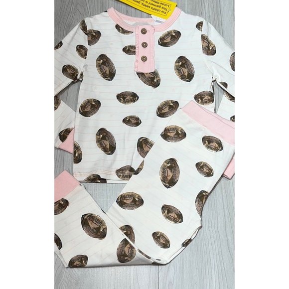 Mud Pie PINK FOOTBALL TODDLER PAJAMA PJ set 5T girls fall 2pc set ruffles sports - Picture 2 of 6